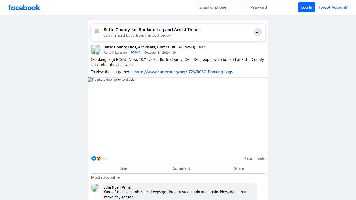 Butte County Fires, Accidents, Crimes (BCFAC News) | (Booking Log) BCFAC News 10/11/2024 Butte County, CA - 180 people were booked at Butte County Jail during the past week | Facebook